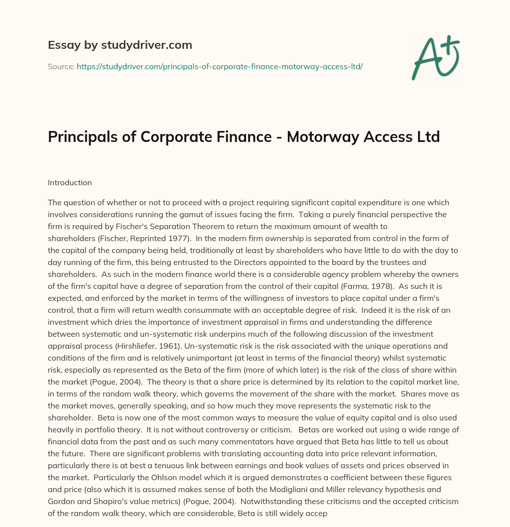 Principals of Corporate Finance – Motorway Access Ltd essay