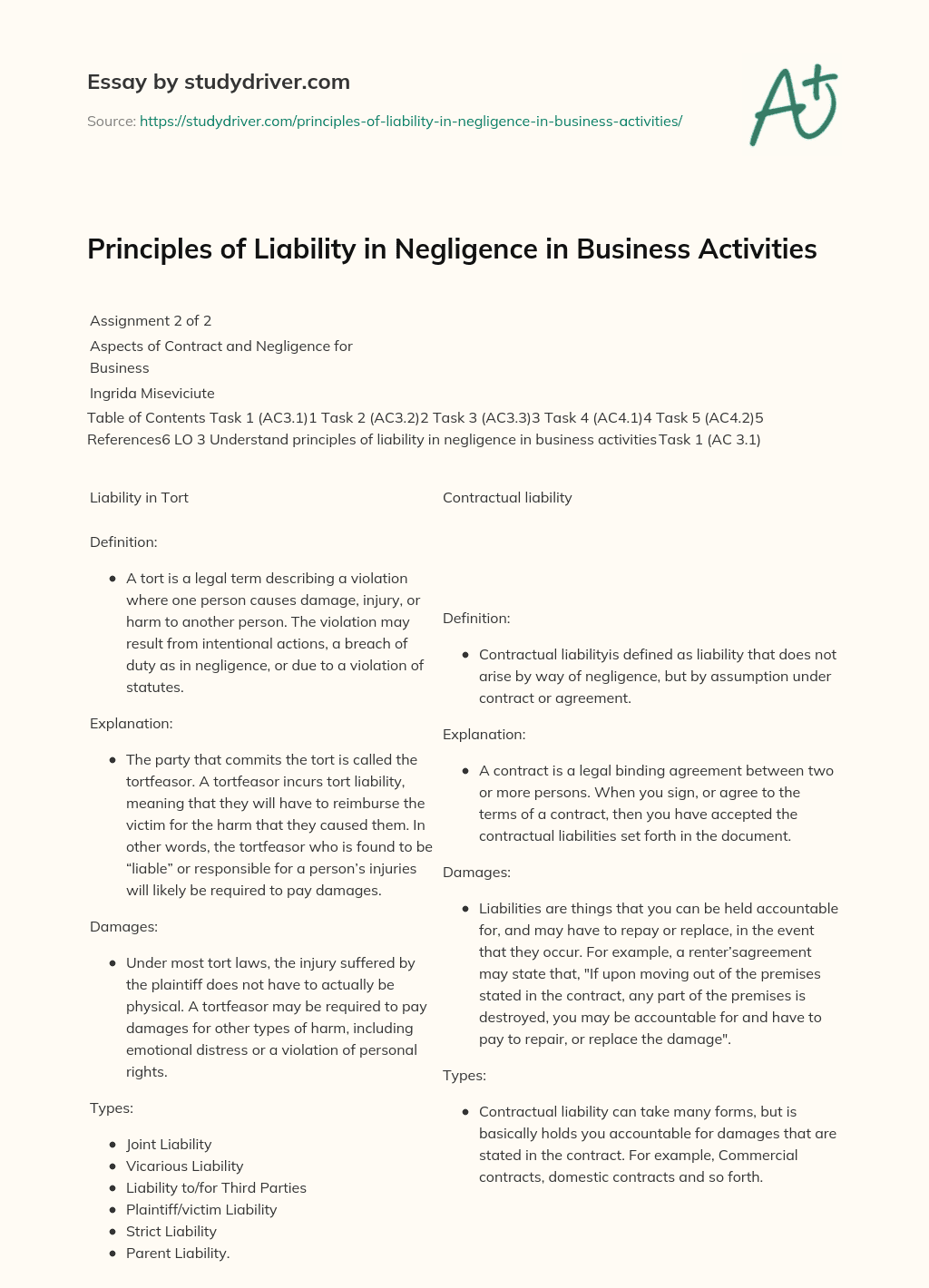 Principles of Liability in Negligence in Business Activities essay