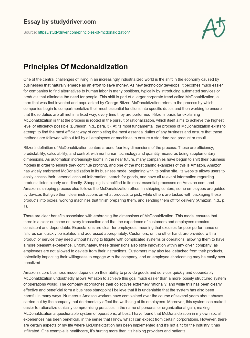 Principles of Mcdonaldization essay