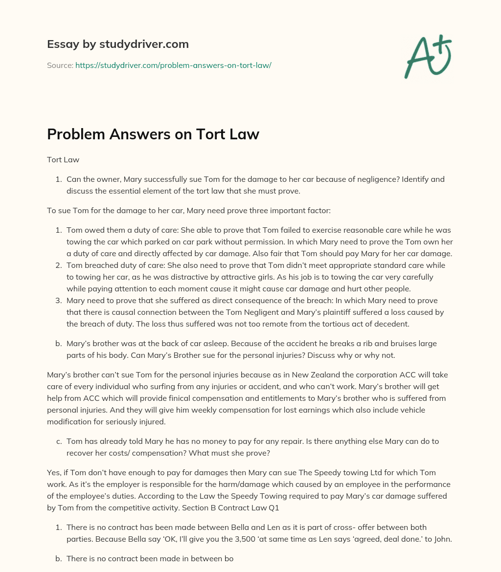 Problem Answers on Tort Law essay