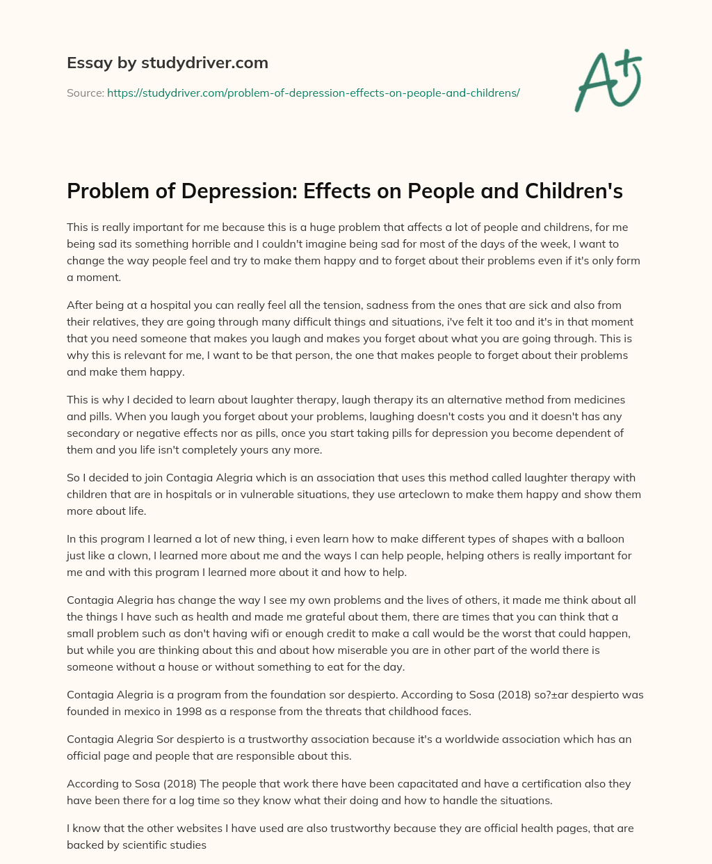 Problem of Depression: Effects on People and Children’s essay