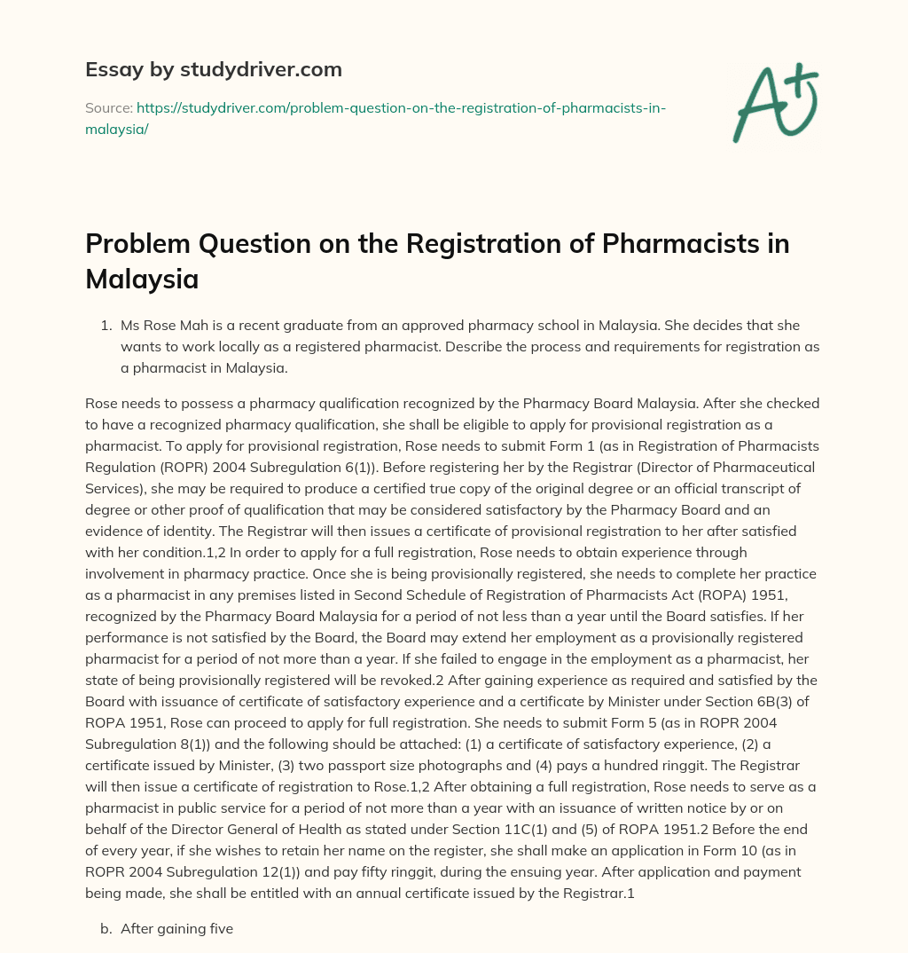 Problem Question on the Registration of Pharmacists in Malaysia essay