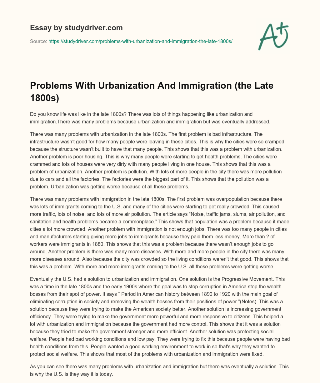 Problems with Urbanization and Immigration (the Late 1800s) essay