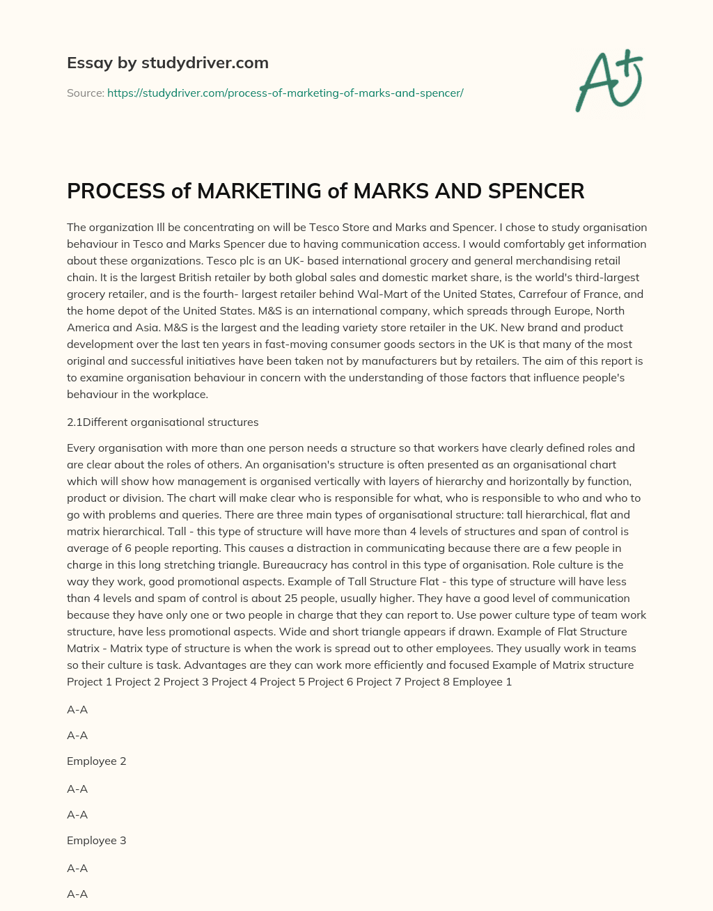 PROCESS of MARKETING of MARKS and SPENCER essay