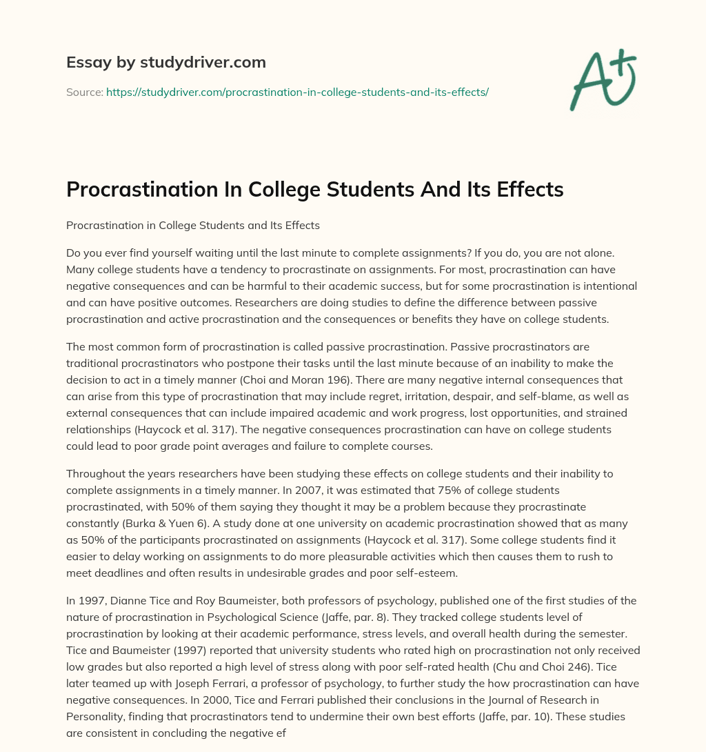 Procrastination in College Students and its Effects essay
