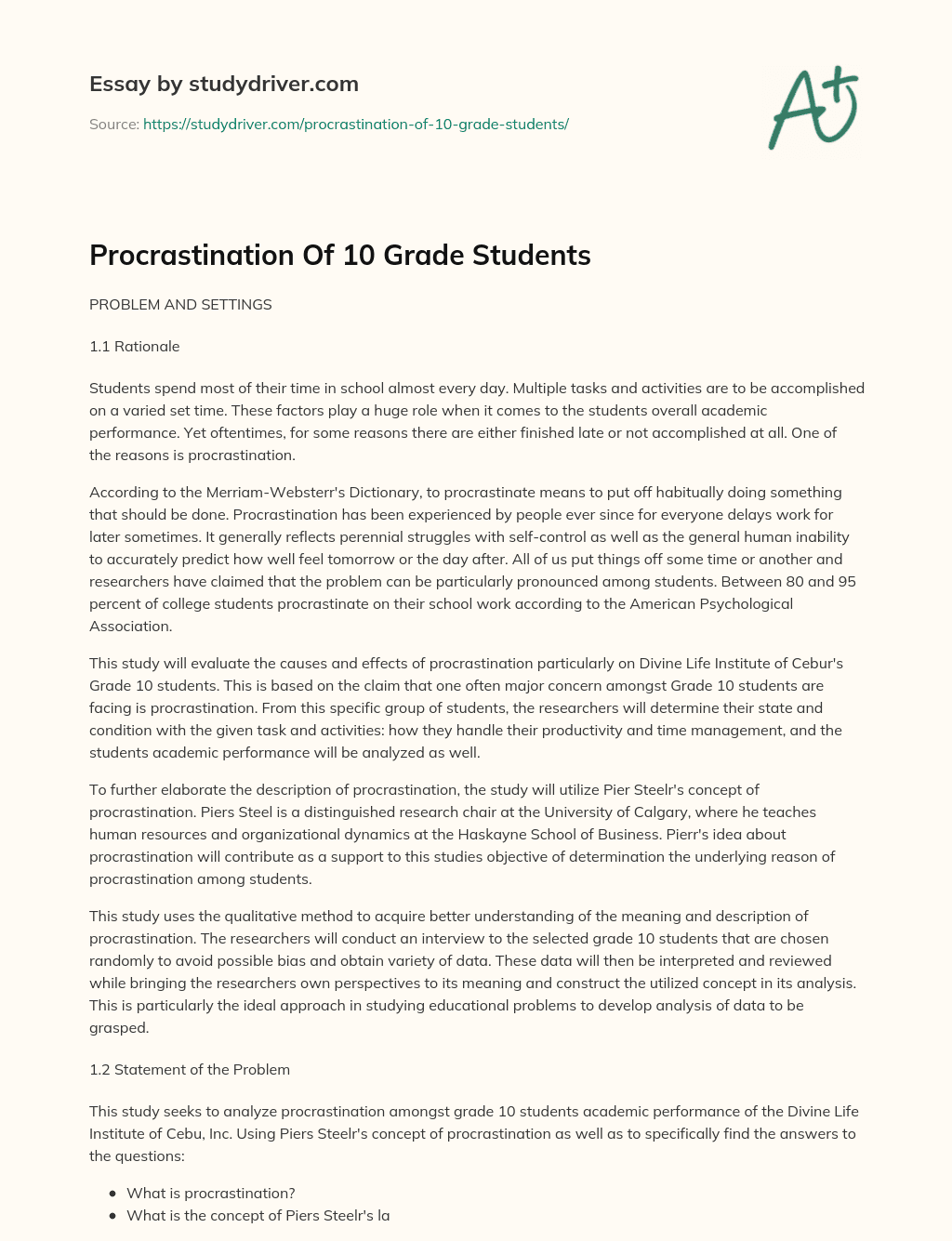 Procrastination of 10 Grade Students essay