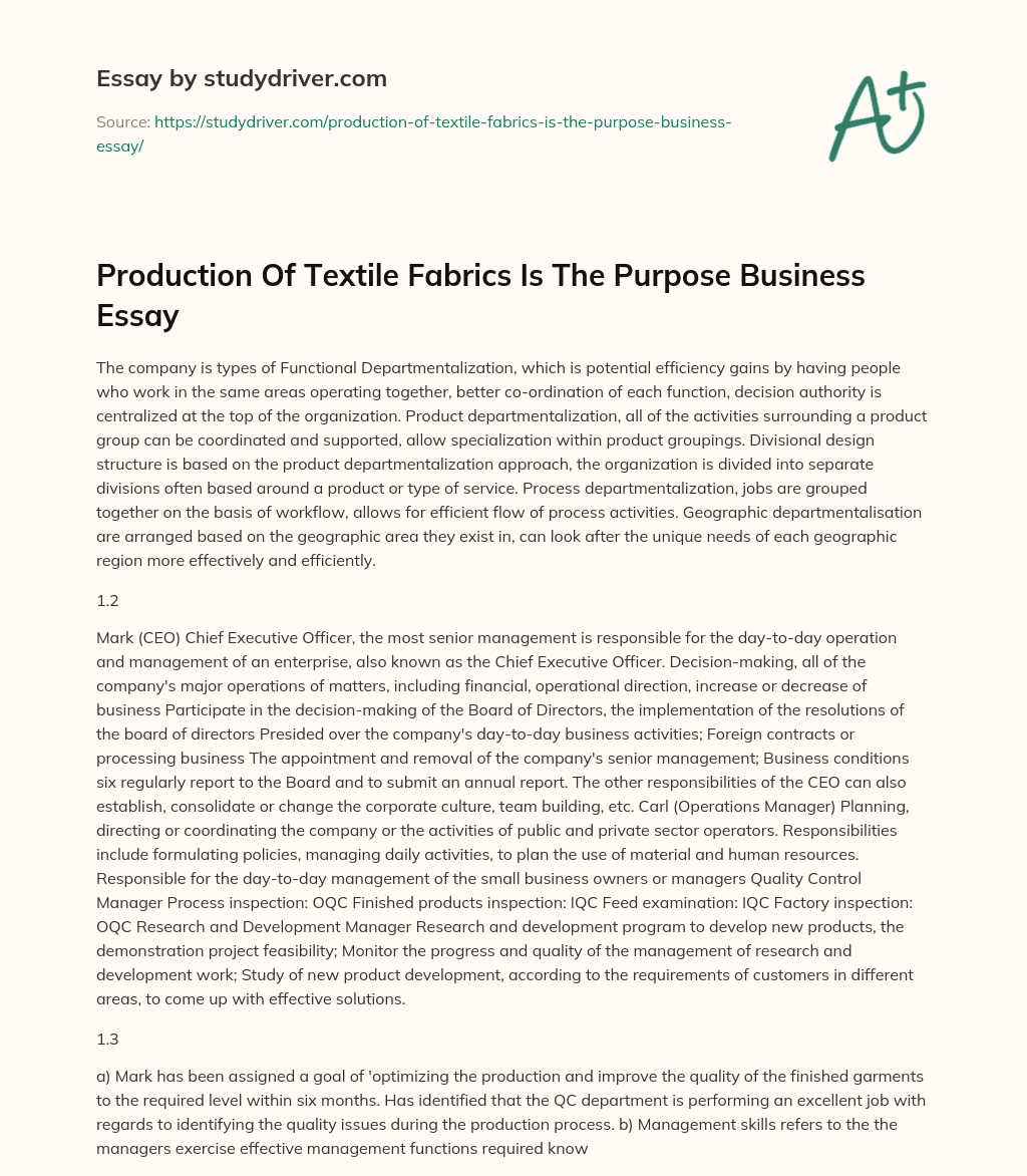 Production of Textile Fabrics is the Purpose Business Essay essay