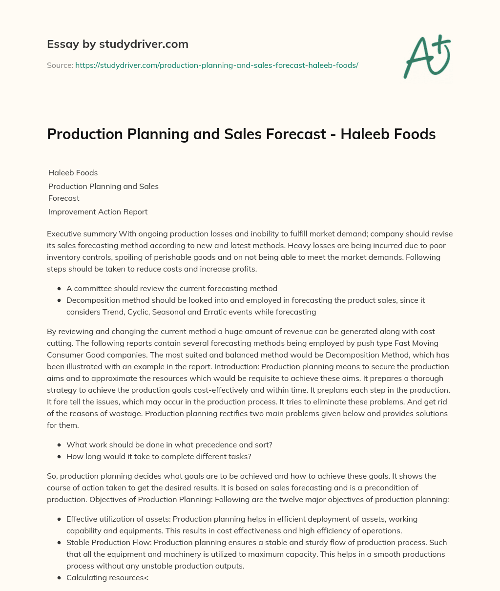 Production Planning and Sales Forecast – Haleeb Foods essay