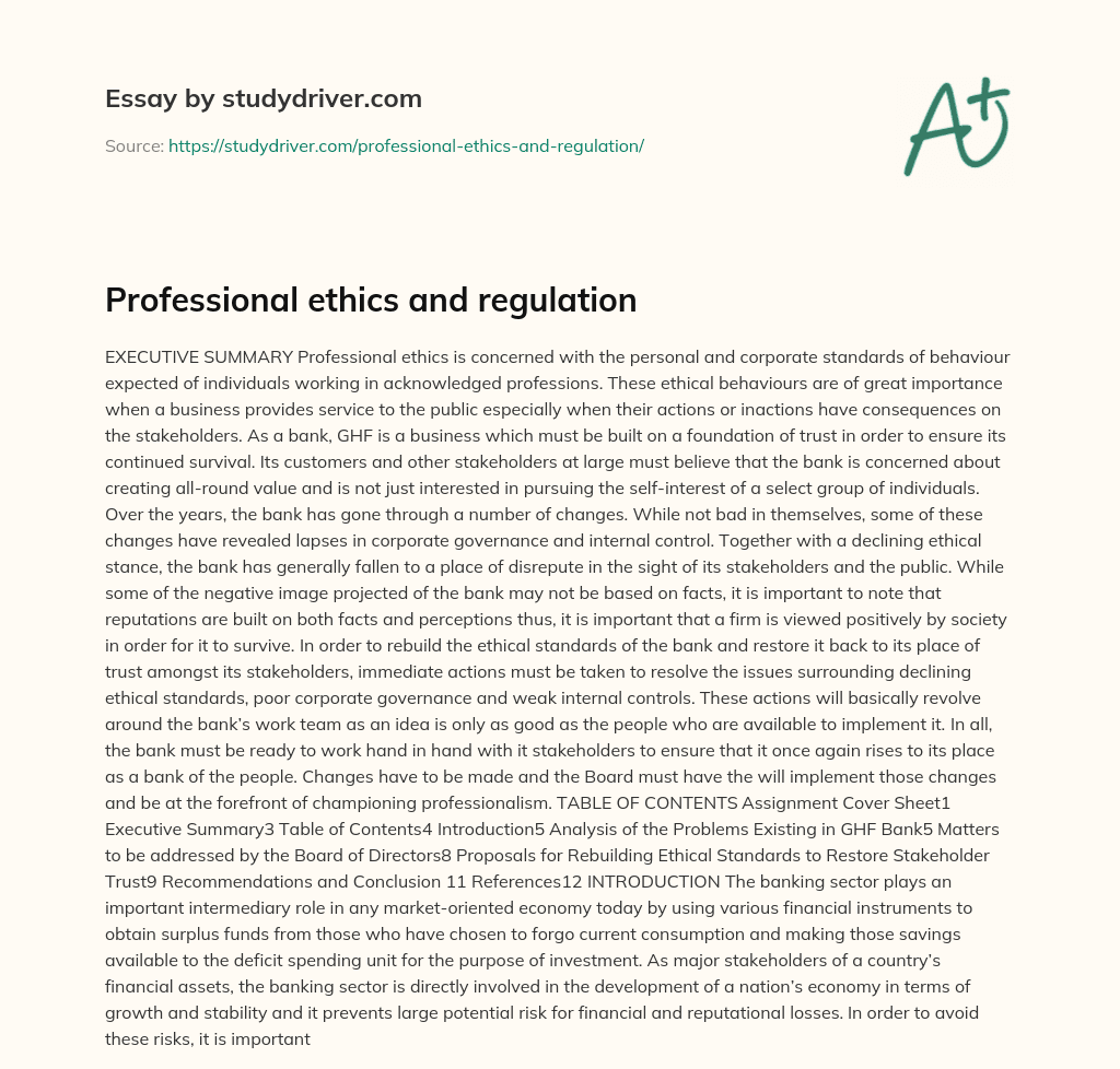 Professional Ethics and Regulation essay