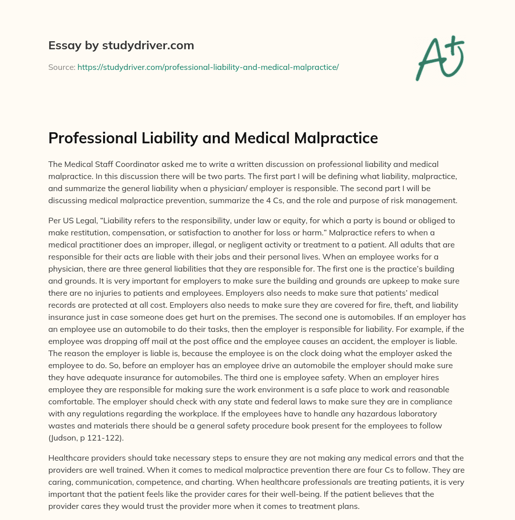 Professional Liability and Medical Malpractice essay