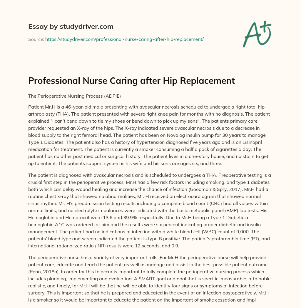 Professional Nurse Caring after Hip Replacement essay