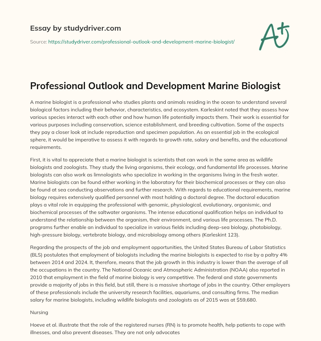 Professional Outlook and Development Marine Biologist essay