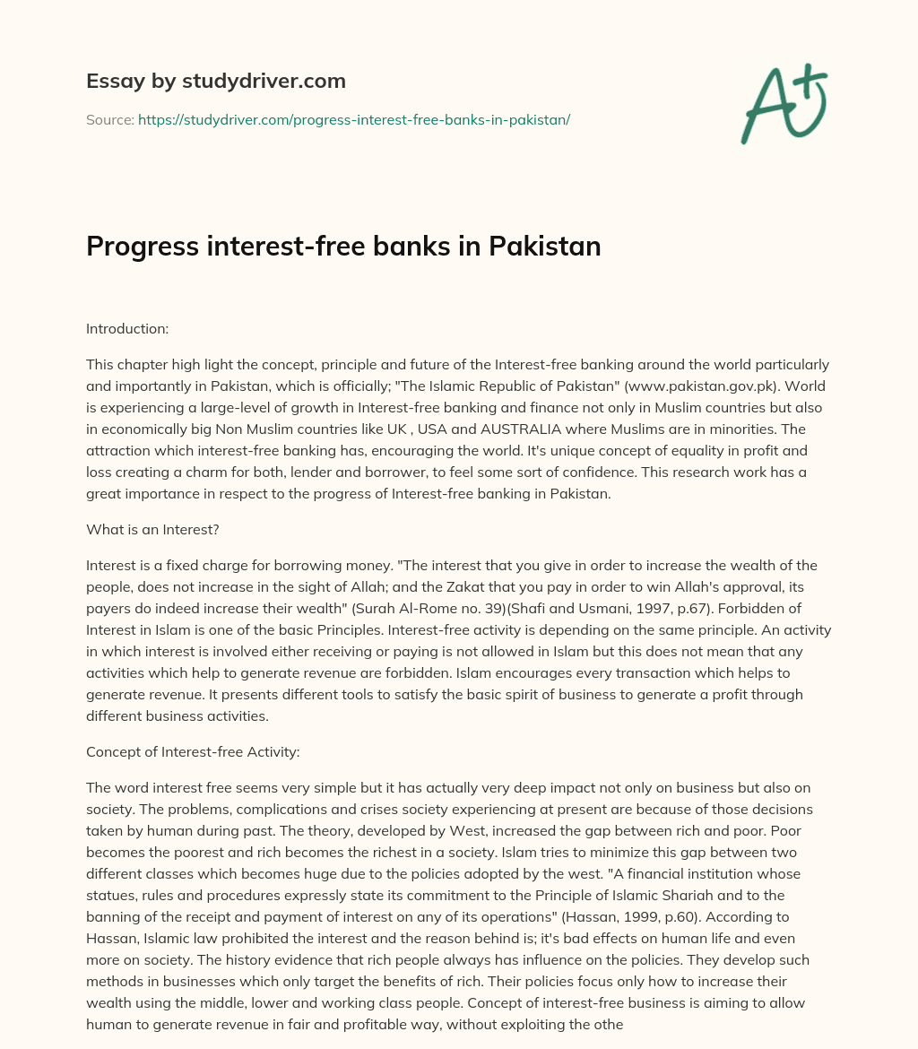 Progress Interest-free Banks in Pakistan essay
