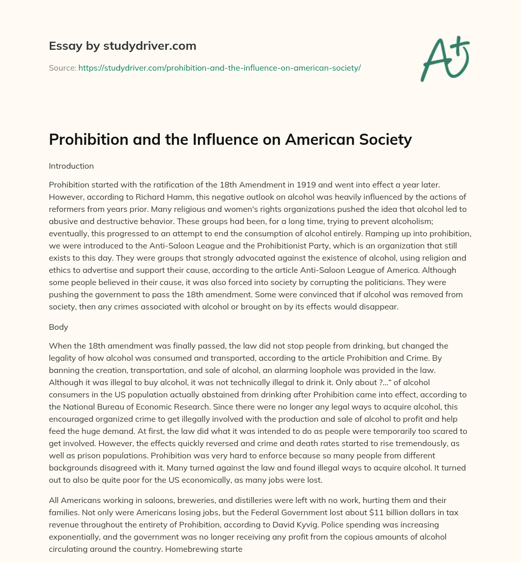 Prohibition and the Influence on American Society essay