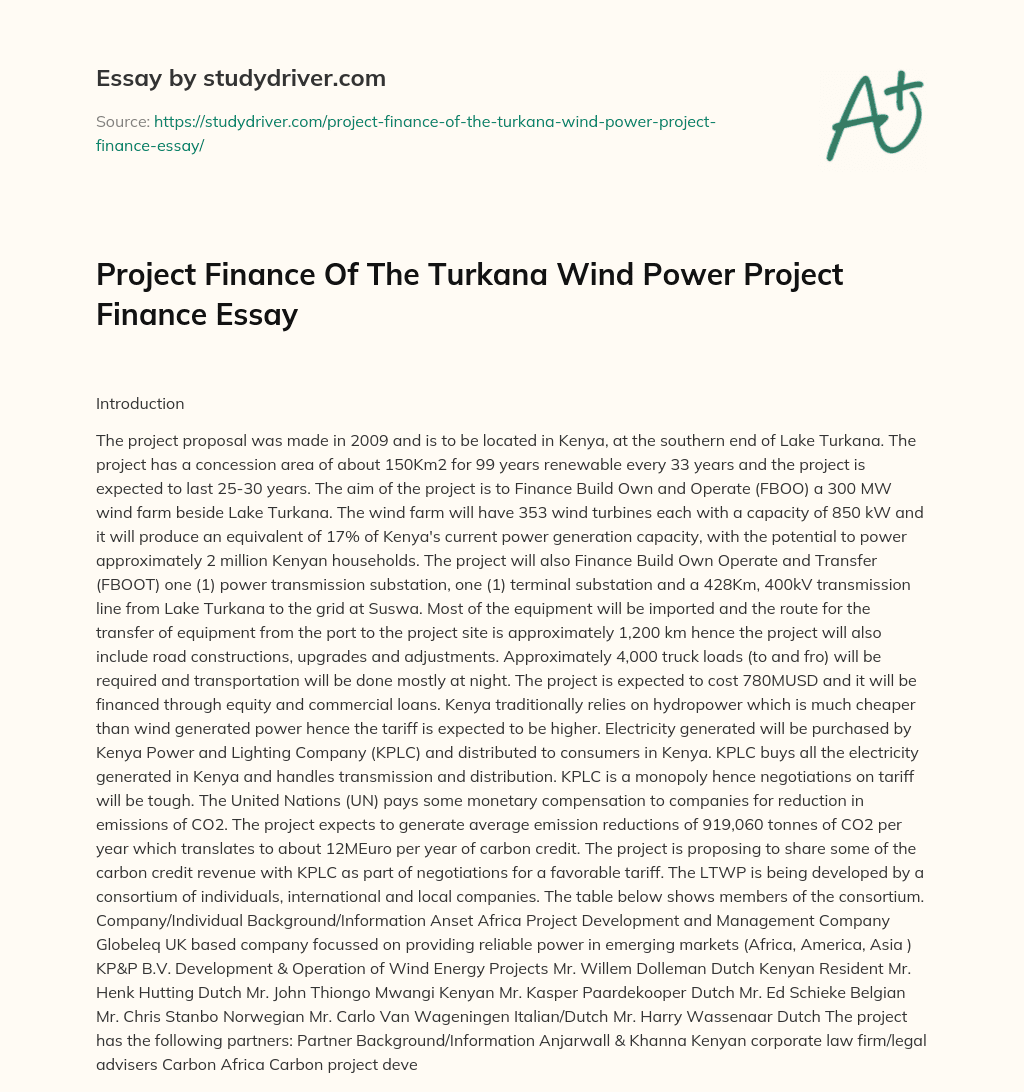 Project Finance of the Turkana Wind Power Project Finance Essay essay