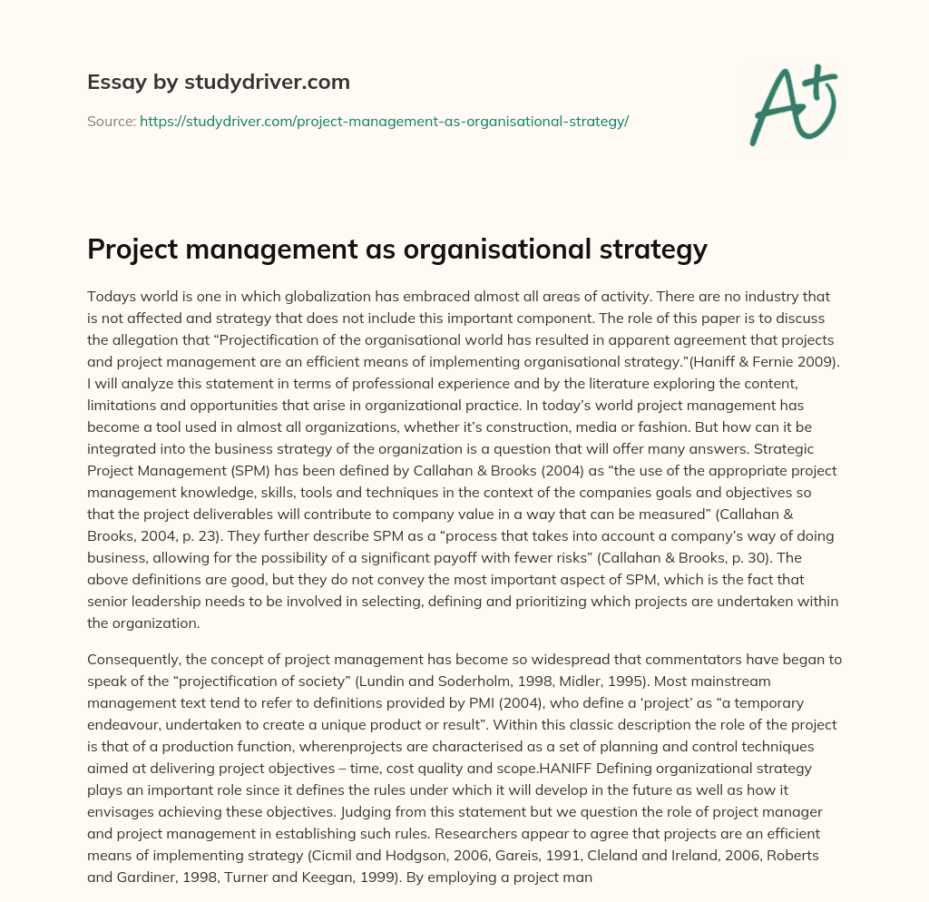 Project Management as Organisational Strategy essay