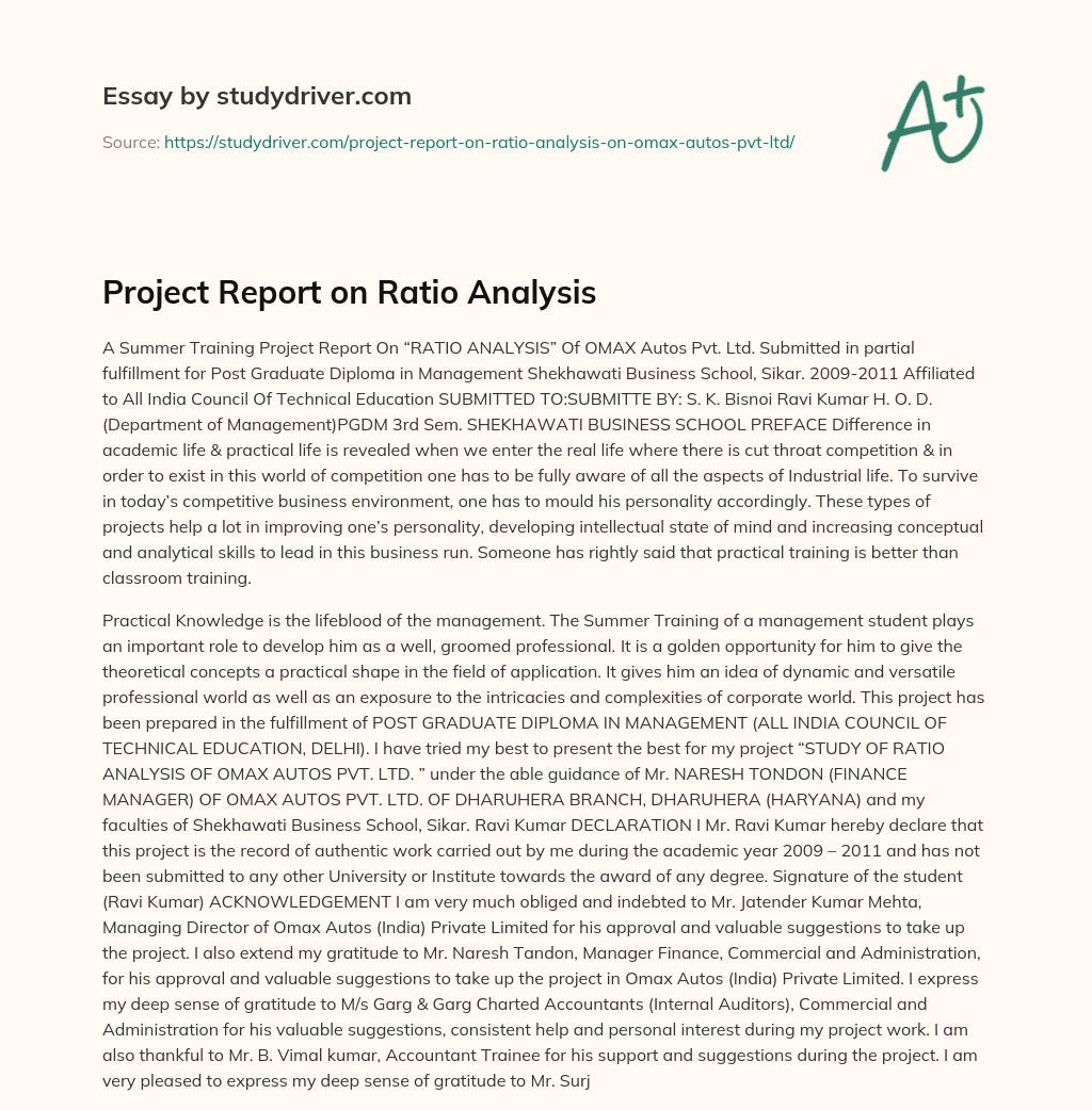 Project Report on Ratio Analysis essay