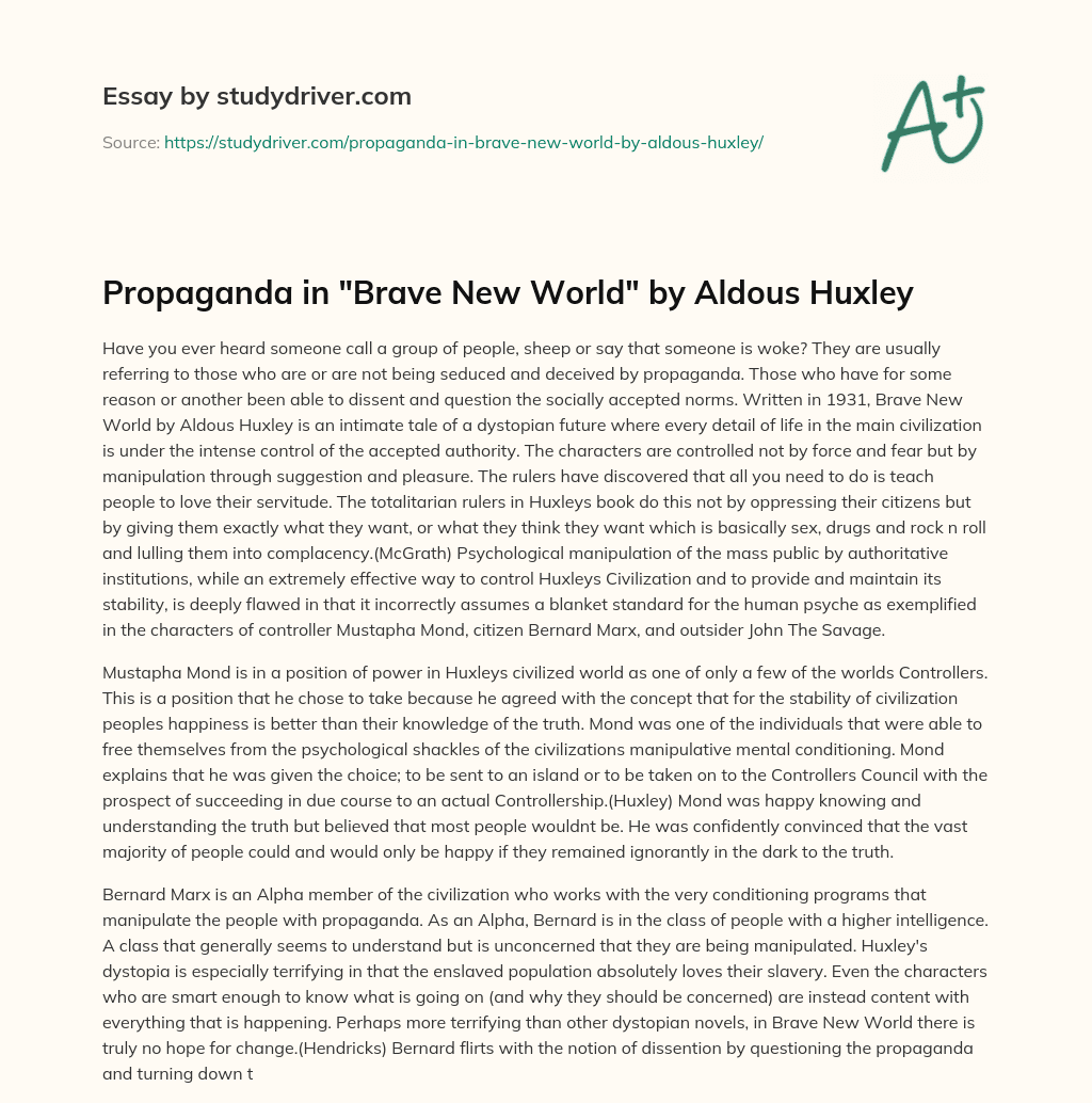 Propaganda in “Brave New World” by Aldous Huxley essay