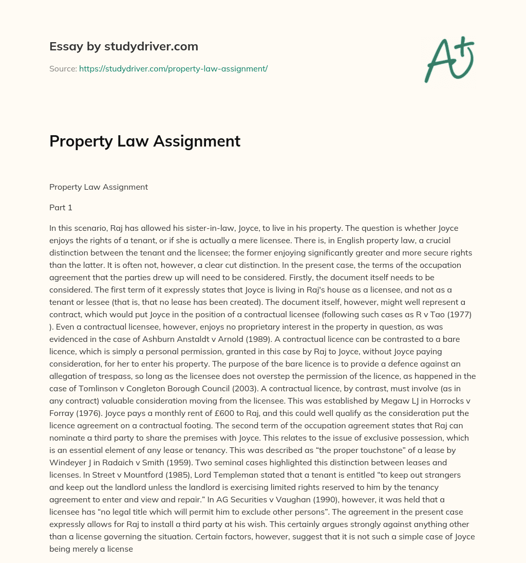 Property Law Assignment essay