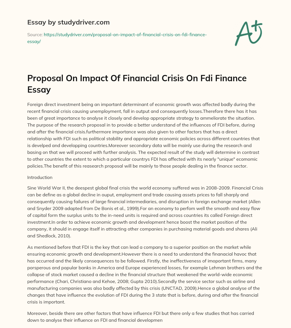Proposal on Impact of Financial Crisis on Fdi Finance Essay essay
