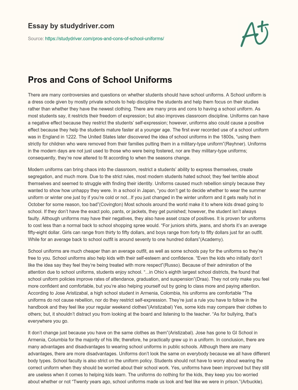 Pros and Cons of School Uniforms essay