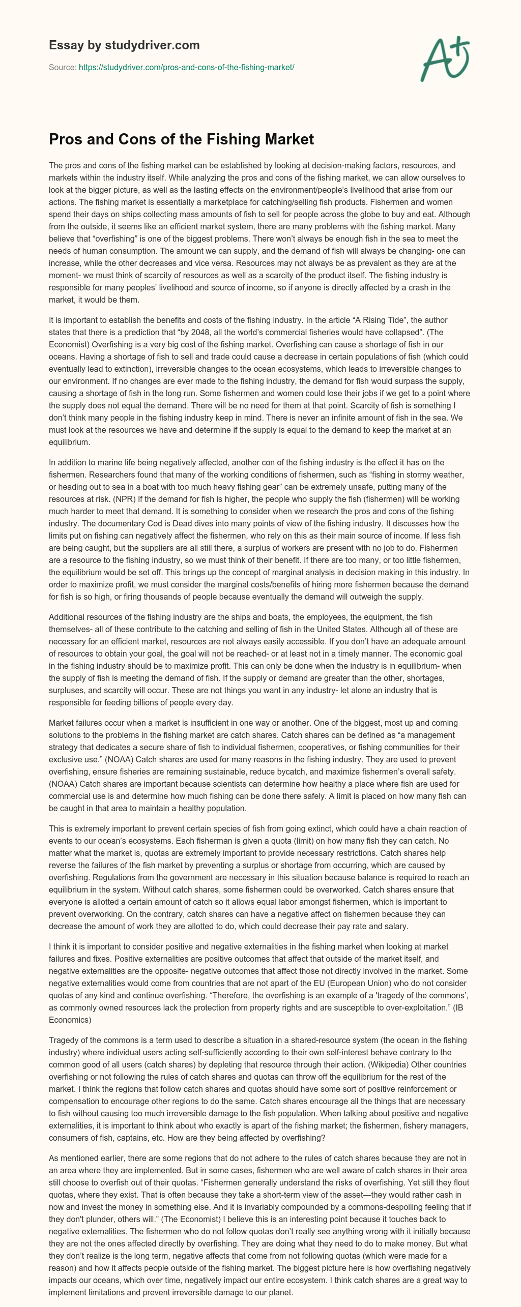 Pros and Cons of the Fishing Market essay