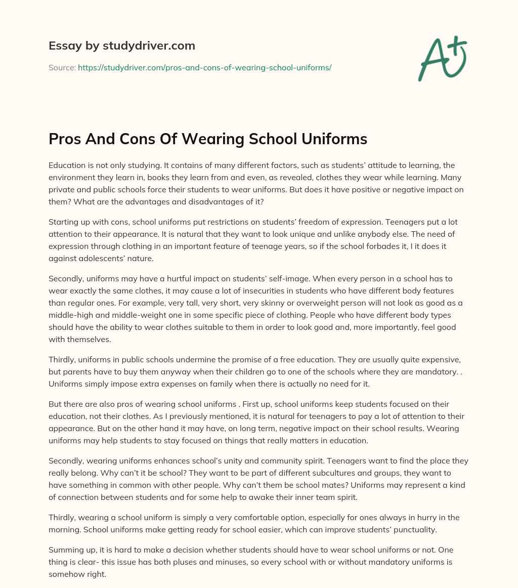 Pros and Cons of Wearing School Uniforms essay