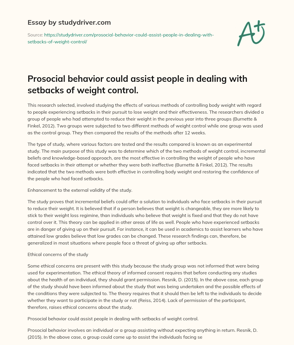 Prosocial Behavior could Assist People in Dealing with Setbacks of Weight Control. essay