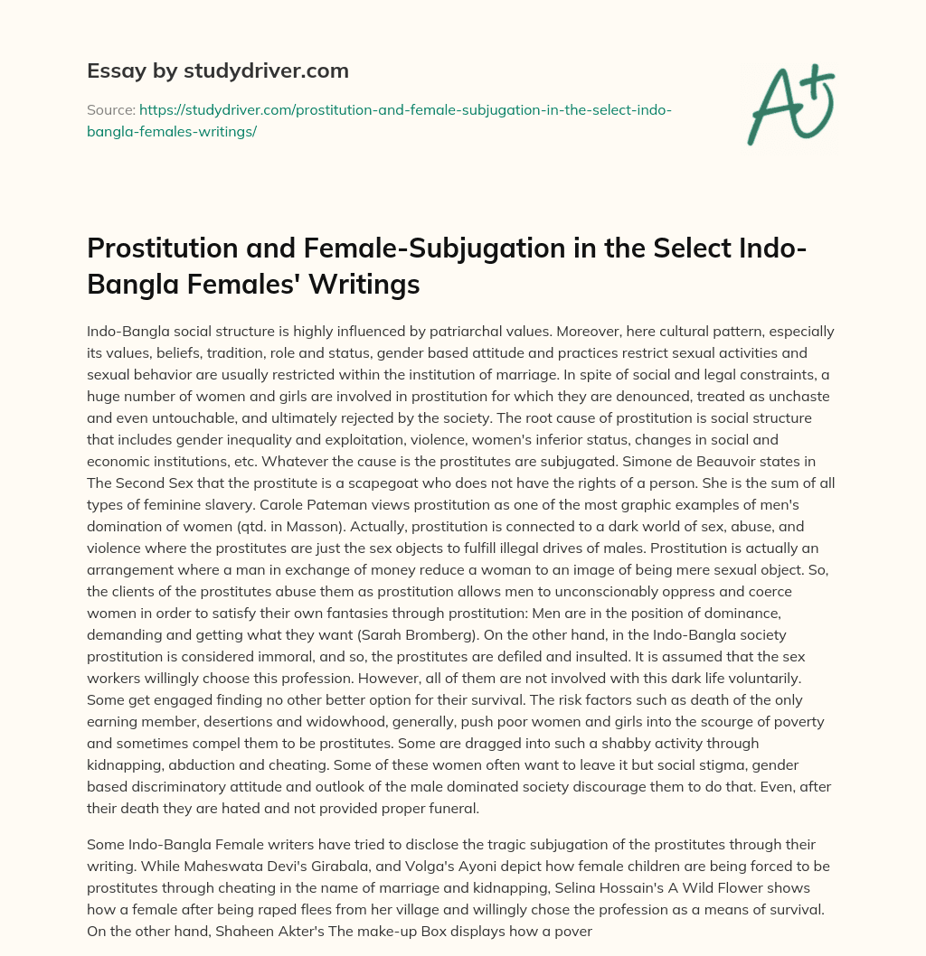 Prostitution and Female-Subjugation in the Select Indo-Bangla Females’ Writings essay