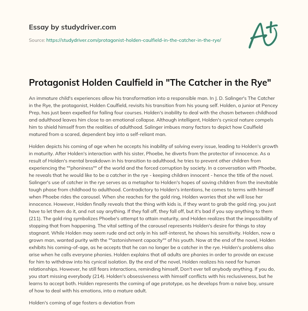 Protagonist Holden Caulfield in “The Catcher in the Rye” essay