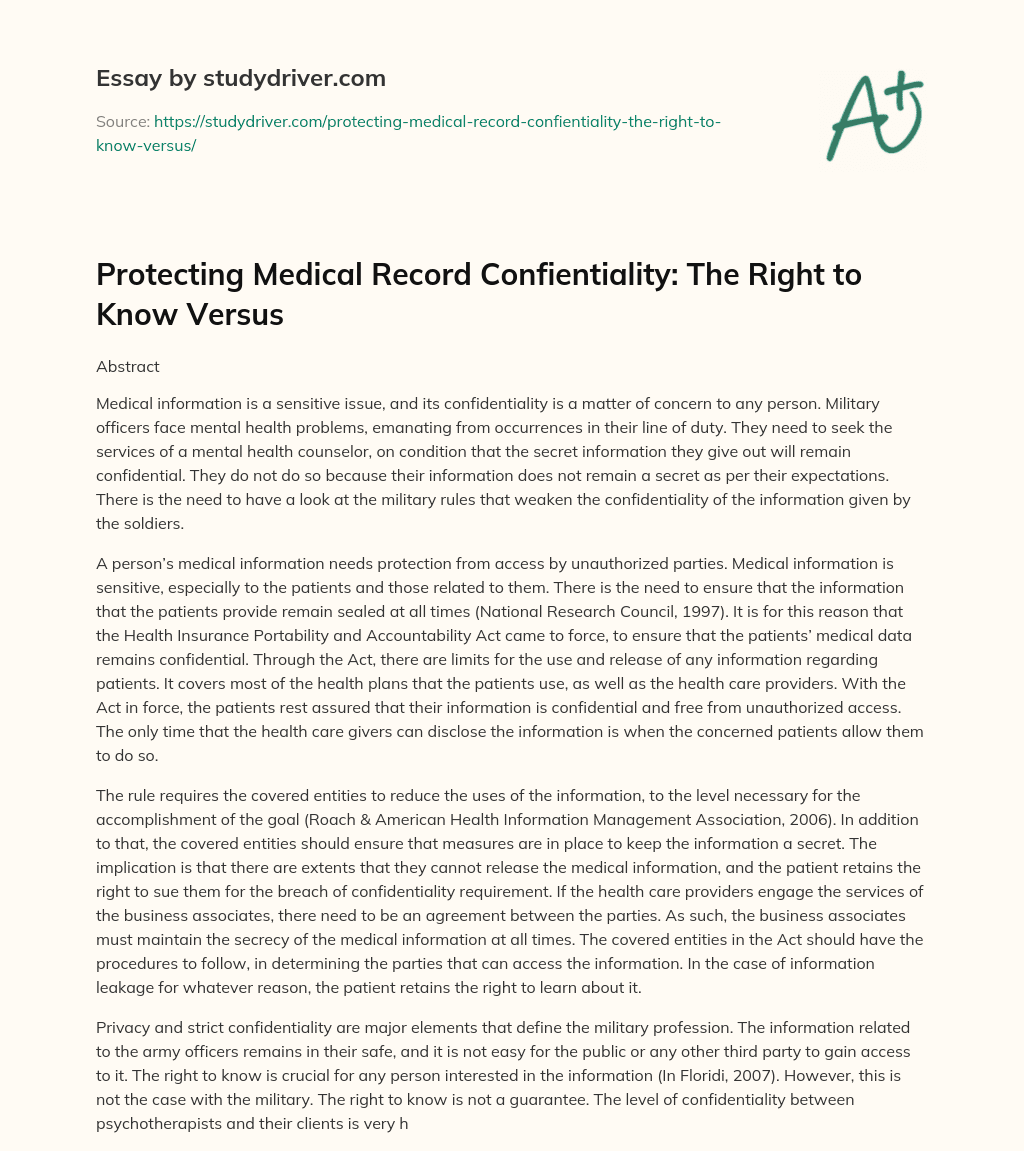 Protecting Medical Record Confientiality: the Right to Know Versus essay