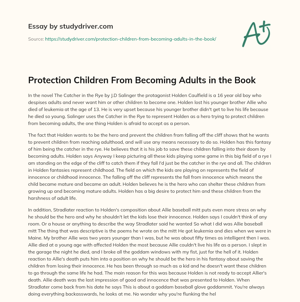 Protection Children from Becoming Adults in the Book essay