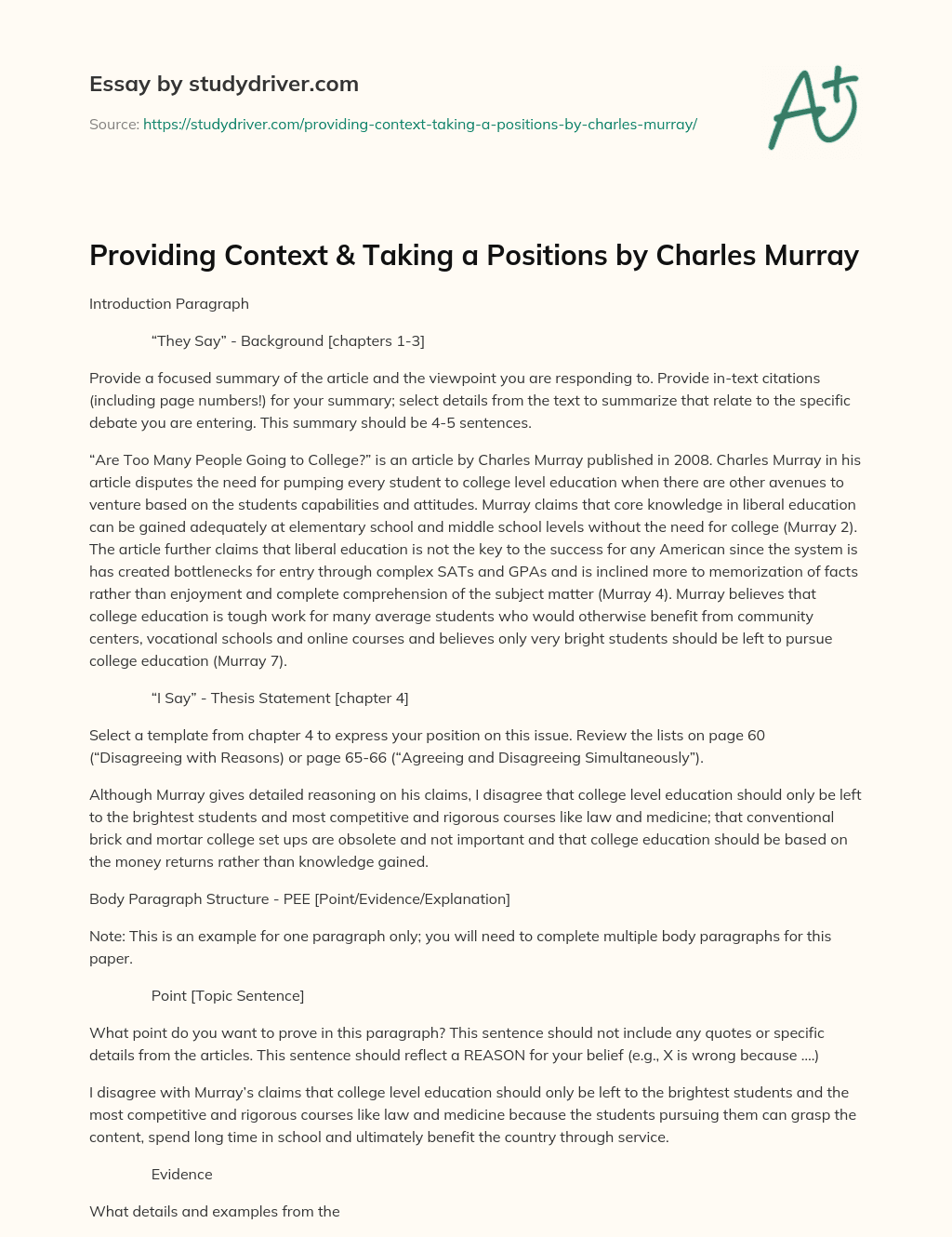 Providing Context & Taking a Positions by Charles Murray essay