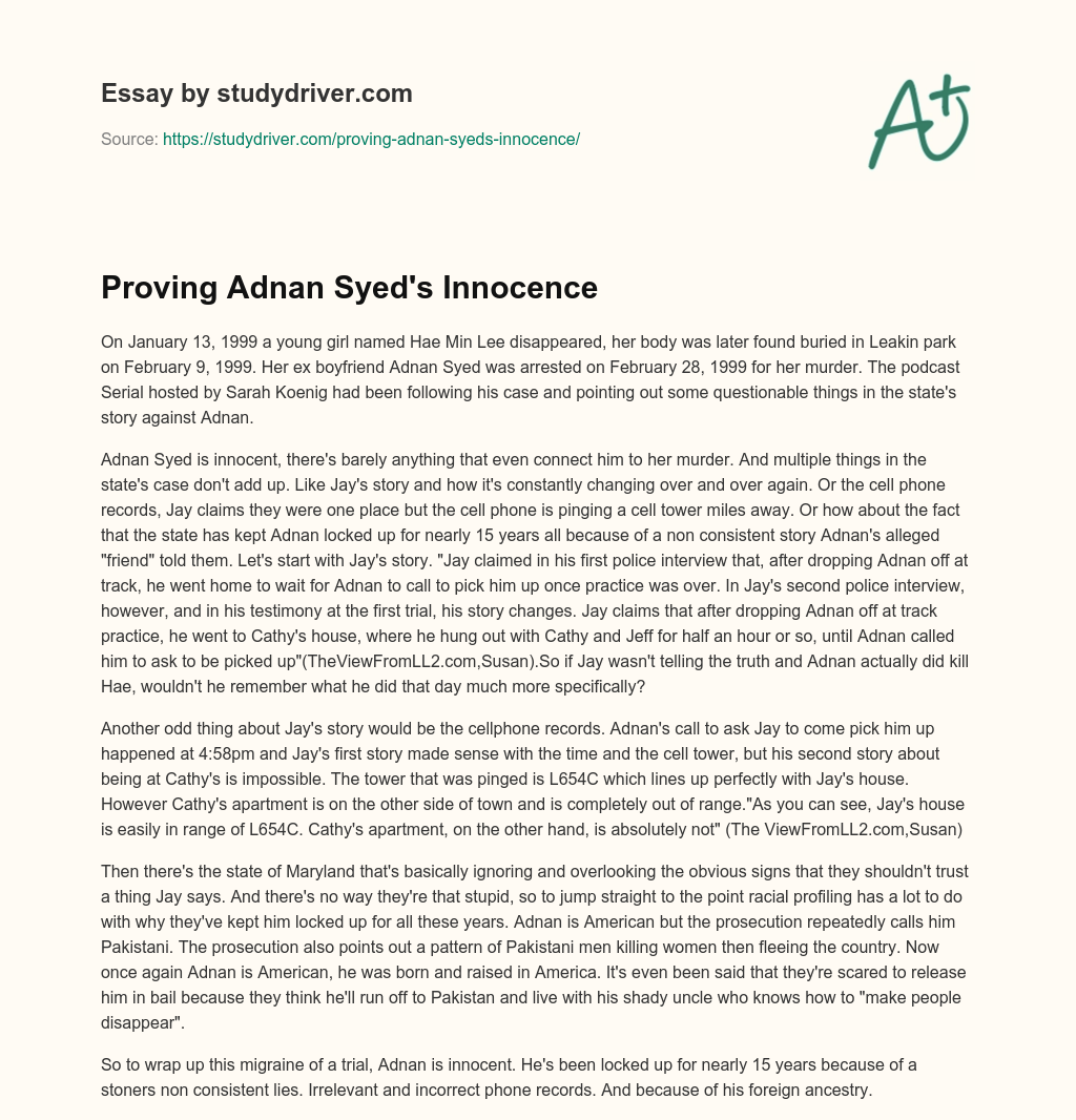 Proving Adnan Syed’s Innocence essay