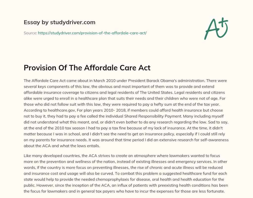 Provision of the Affordale Care Act essay