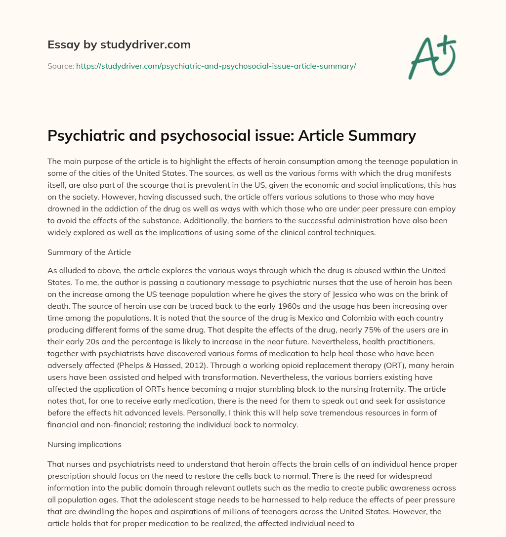 Psychiatric and Psychosocial Issue: Article Summary essay