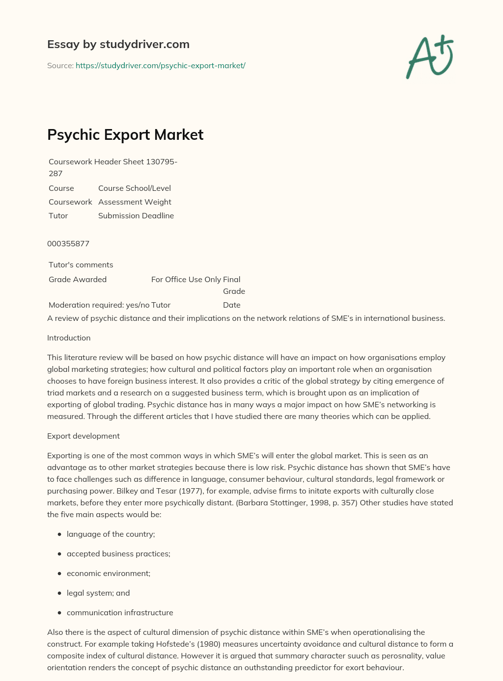 Psychic Export Market essay