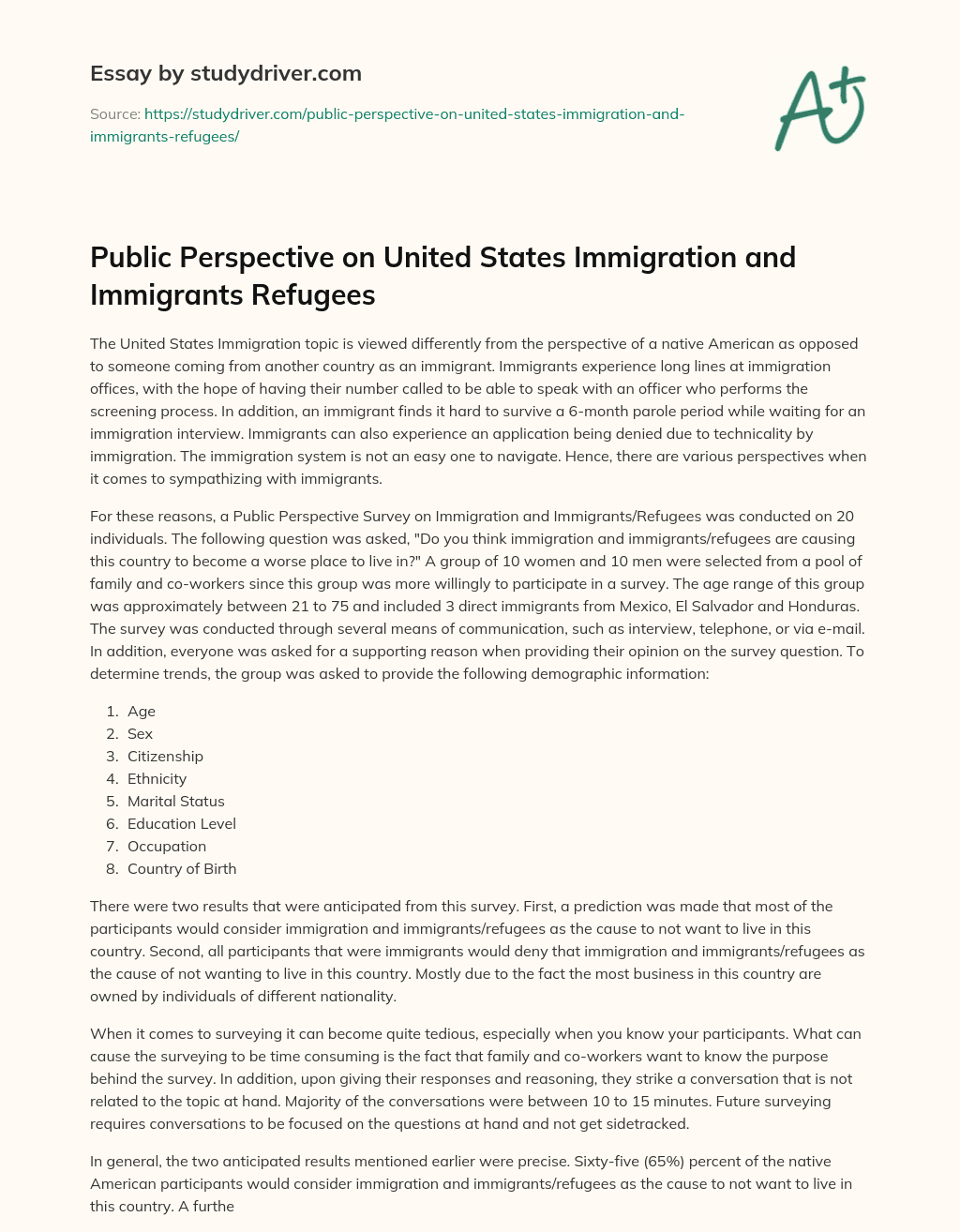 Public Perspective on United States Immigration and Immigrants Refugees essay