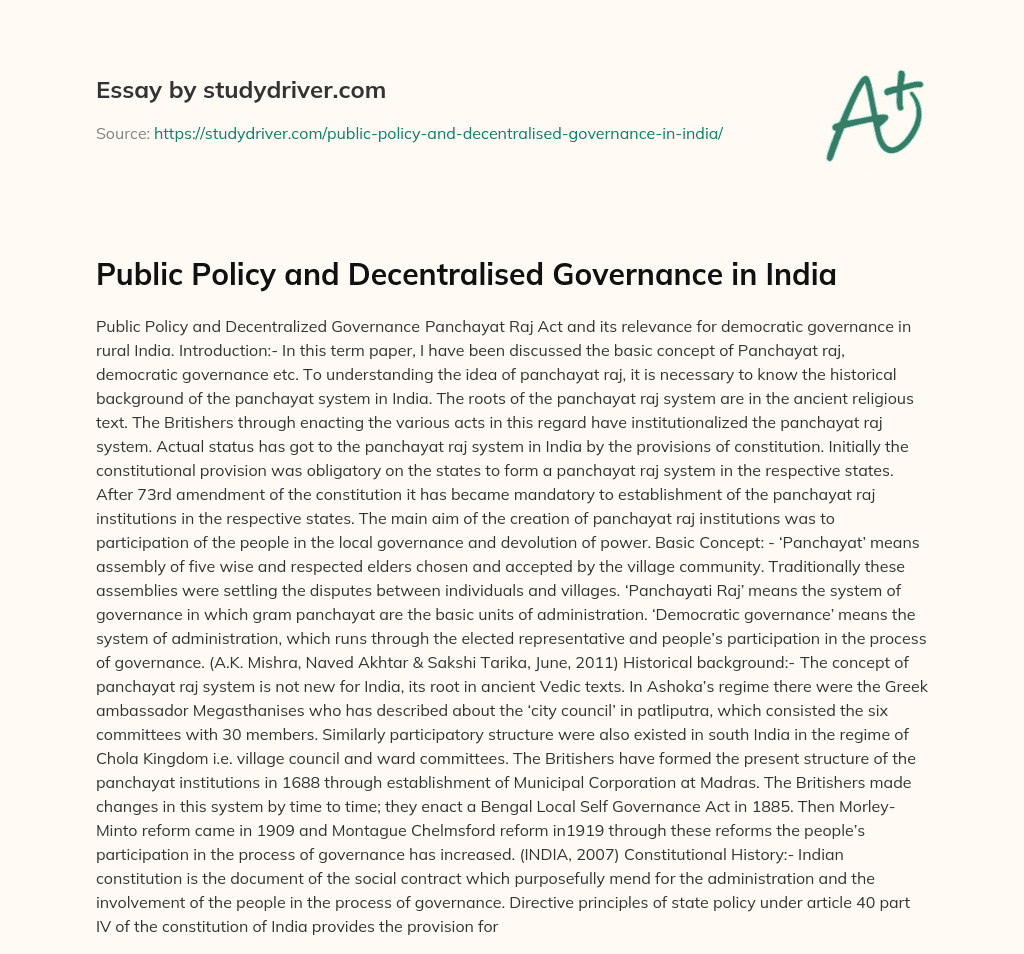 Public Policy and Decentralised Governance in India essay