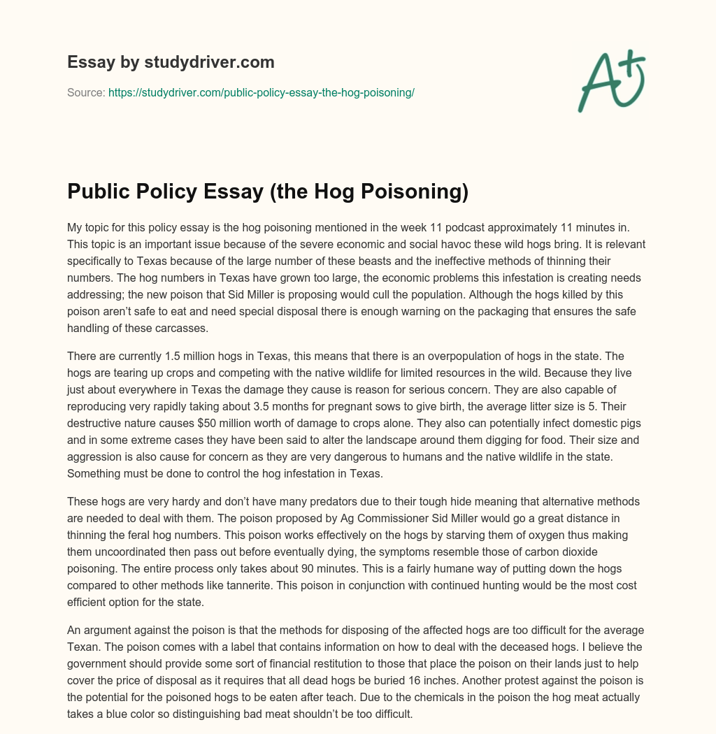 Public Policy Essay (the Hog Poisoning) essay