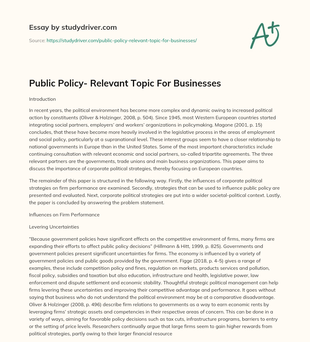 Public Policy- Relevant Topic for Businesses essay