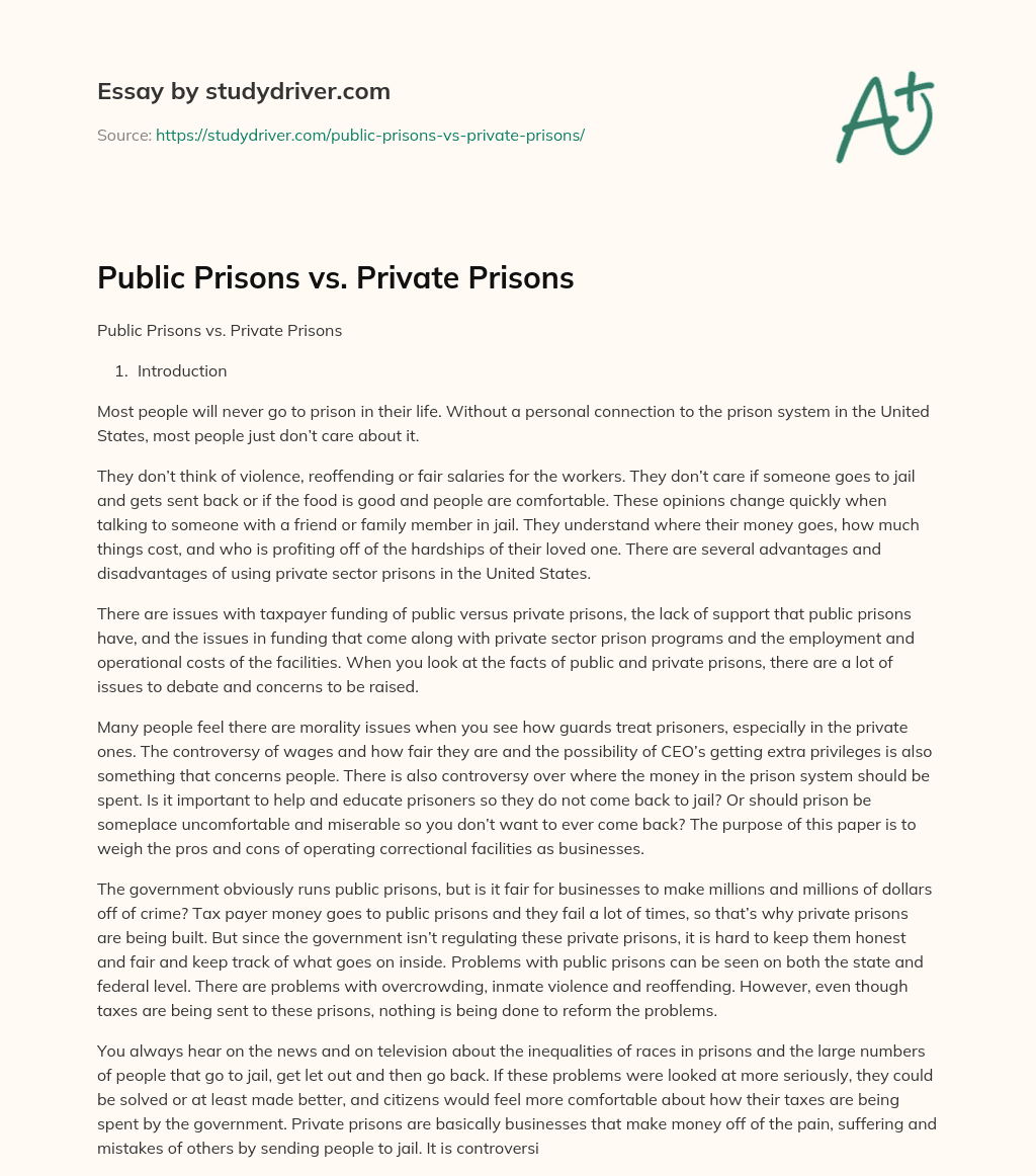 Public Prisons Vs. Private Prisons essay