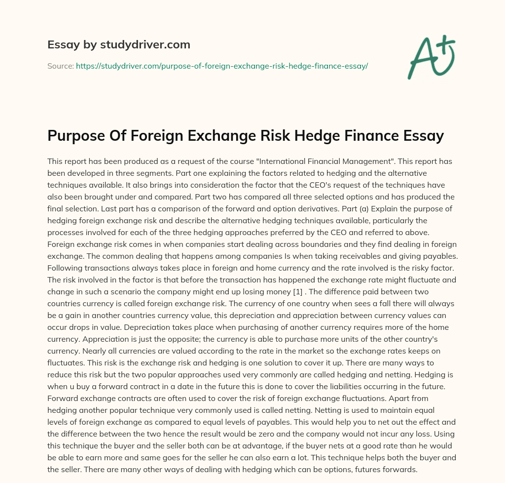 Purpose of Foreign Exchange Risk Hedge Finance Essay essay