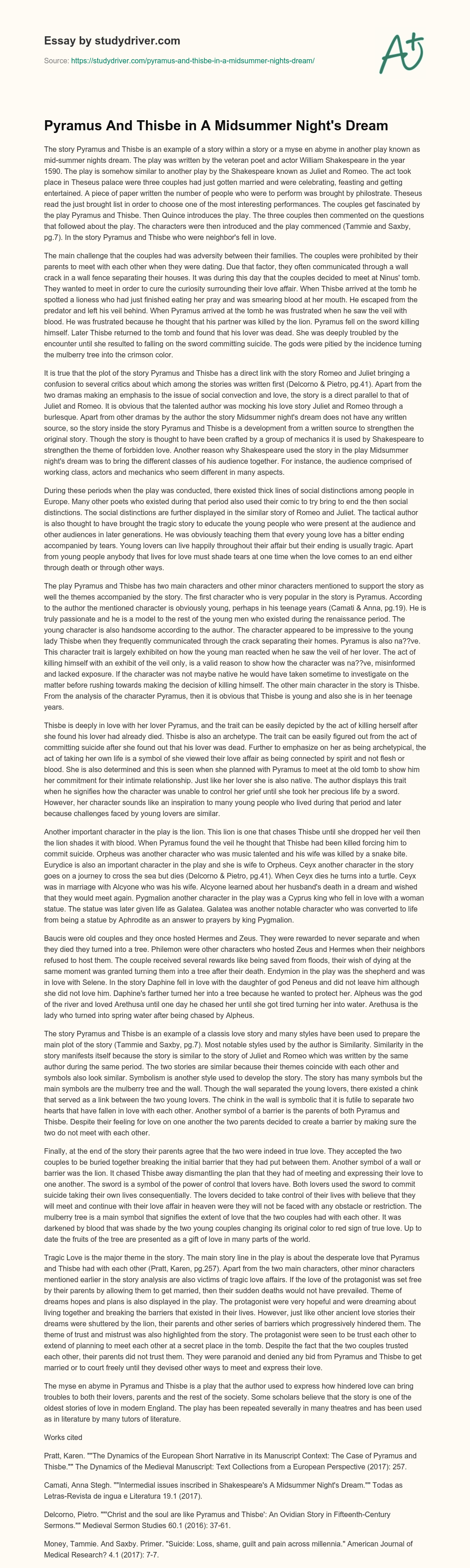 Pyramus and Thisbe in a Midsummer Night’s Dream essay