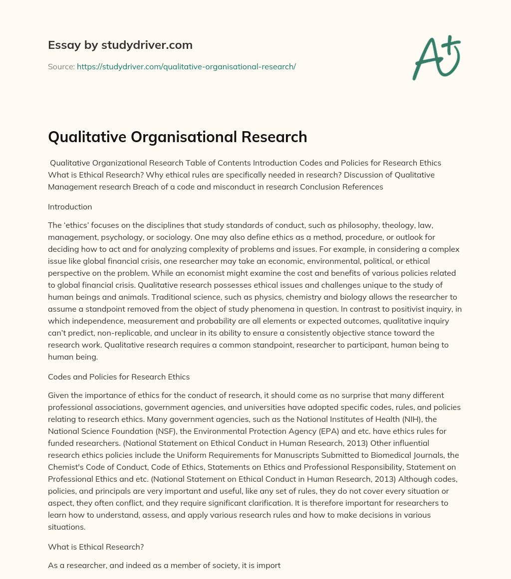 Qualitative Organisational Research essay