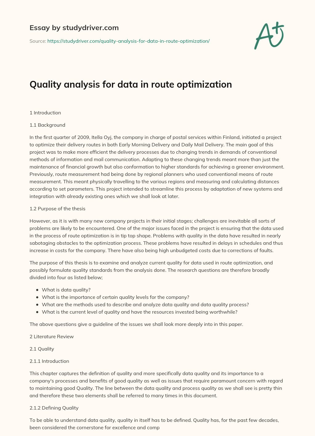 Quality Analysis for Data in Route Optimization essay