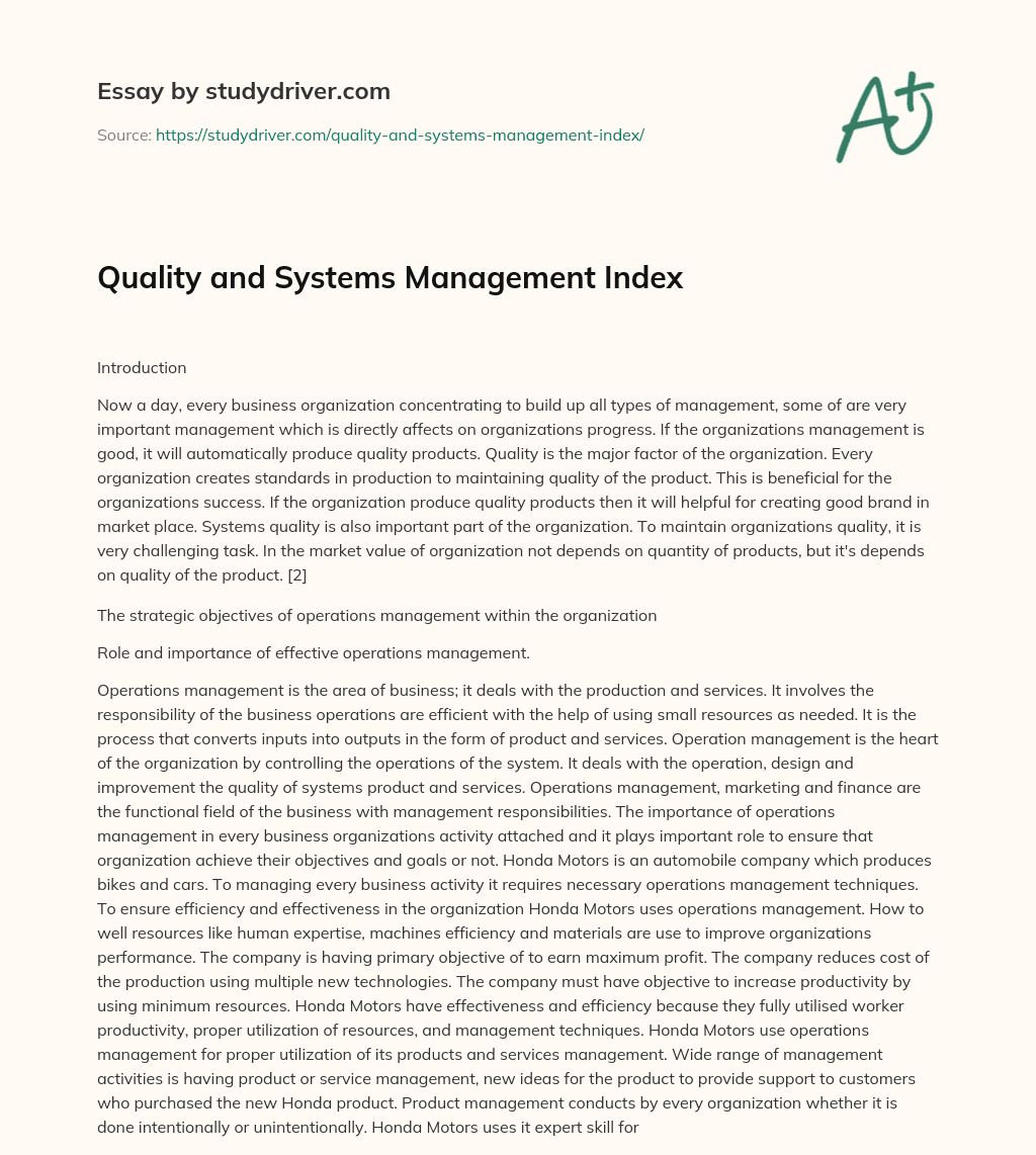 Quality and Systems Management Index essay