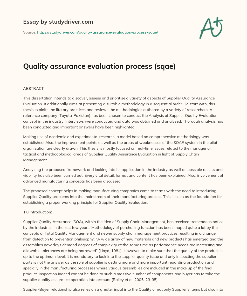 Quality Assurance Evaluation Process (sqae) essay