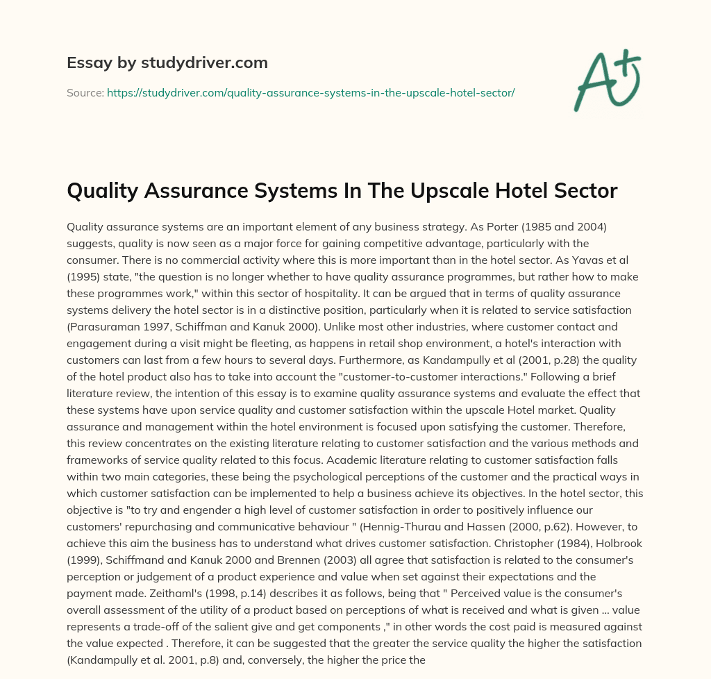 Quality Assurance Systems in the Upscale Hotel Sector essay