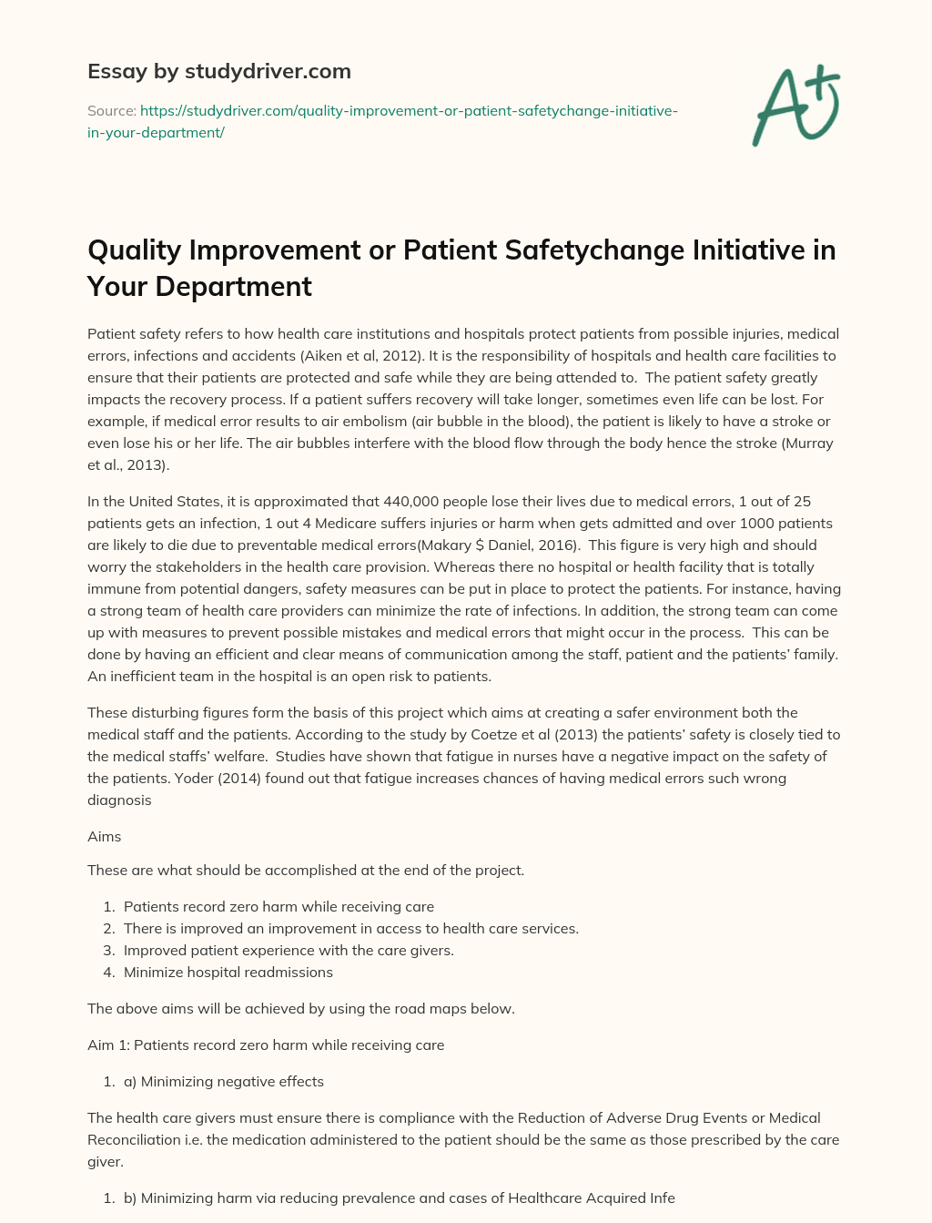 Quality Improvement or Patient Safetychange Initiative in your Department essay